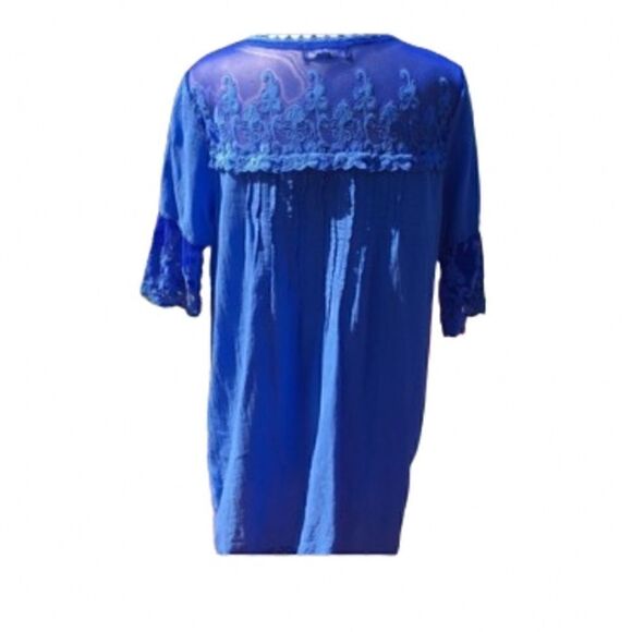 Gretty Zueger Embroidered mesh cotton elbow length sleeve Tunic Ocean Blue Med - Picture 1 of 17
